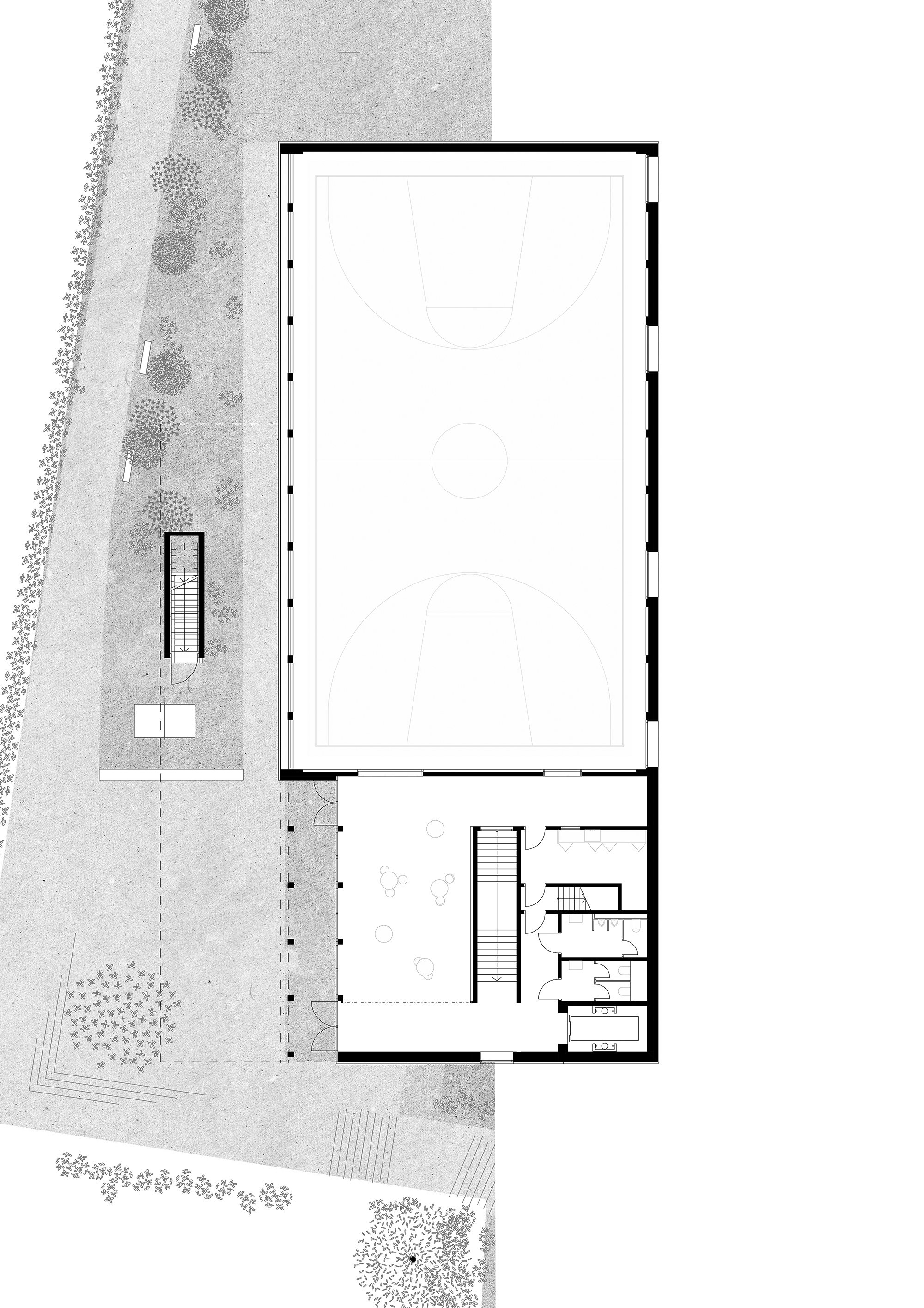 studiobirk, Schulanlage, Benken, Neubau, Turnhalle, Schulraumerweiterung, Kindergarten, Untergeschoss, Foyer