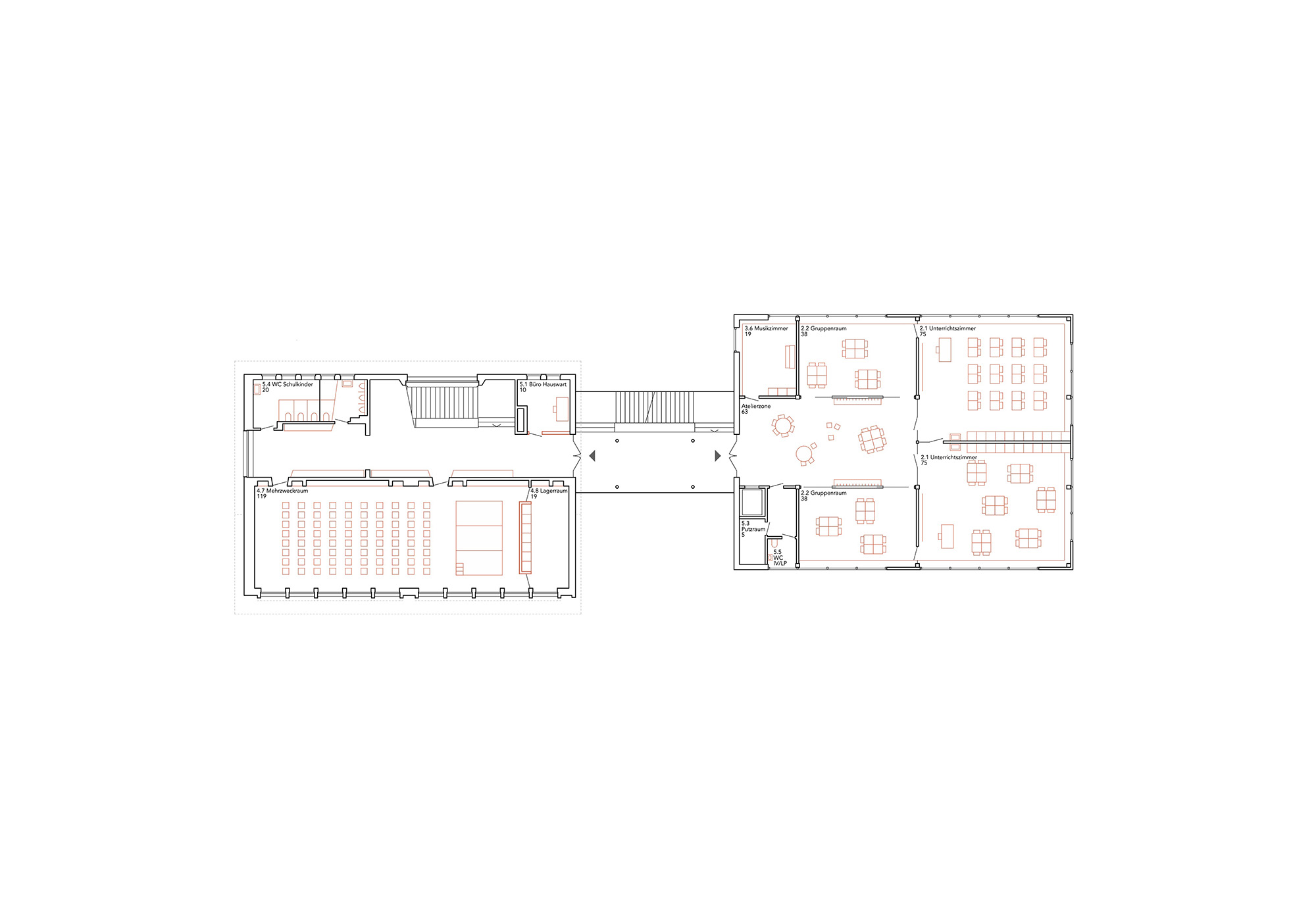 studiobirk, Wettbewerb, Zentralschweiz, Kriens, Kuonimatt, Erweiterung, Bestand, Neubau, Gebäudepaar, Stadtraum, Schulanlage, 1. Obergeschoss, Cluster, Klassenzimmer