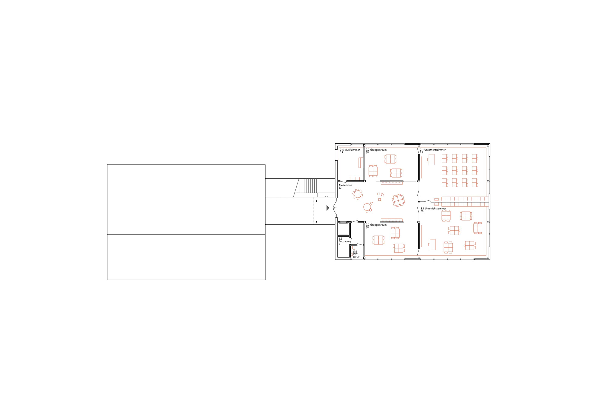 studiobirk, Wettbewerb, Zentralschweiz, Kriens, Kuonimatt, Erweiterung, Bestand, Neubau, Gebäudepaar, Stadtraum, Schulanlage, 2. Obergeschoss, Cluster, Klassenzimmer