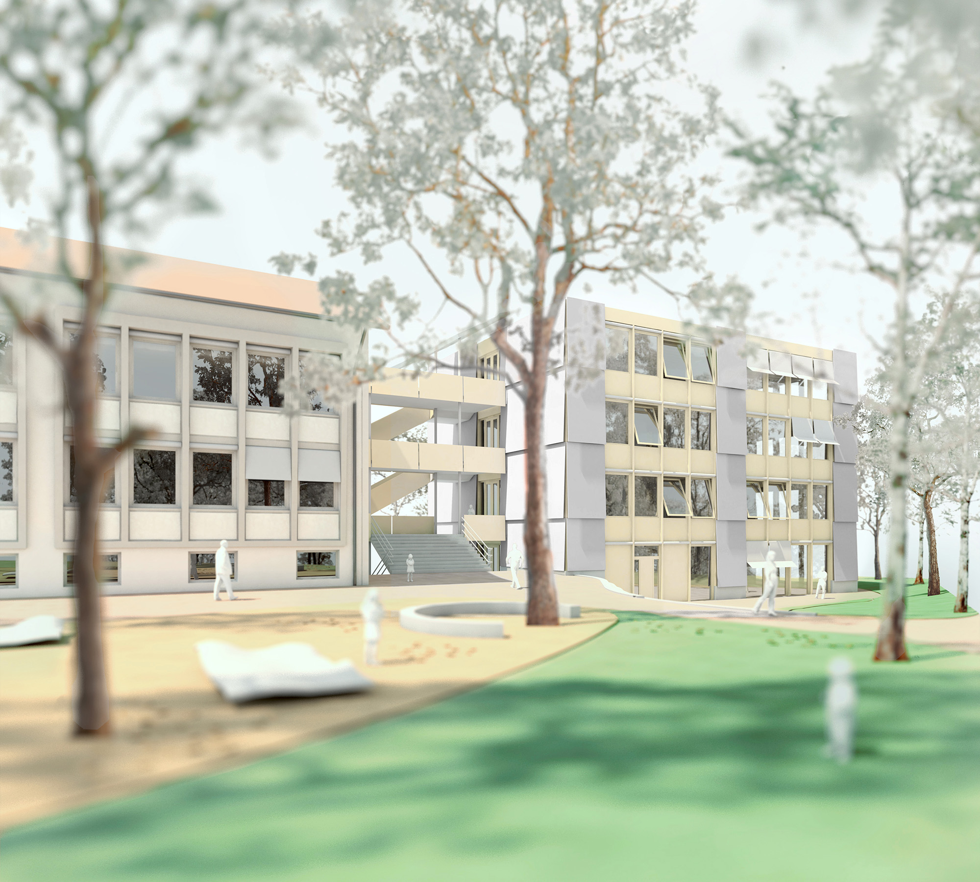studiobirk, Wettbewerb, Zentralschweiz, Kriens, Kuonimatt, Erweiterung, Bestand, Neubau, Gebäudepaar, Stadtraum, Schulanlage, Freiraum, Aussenraum, Rendering