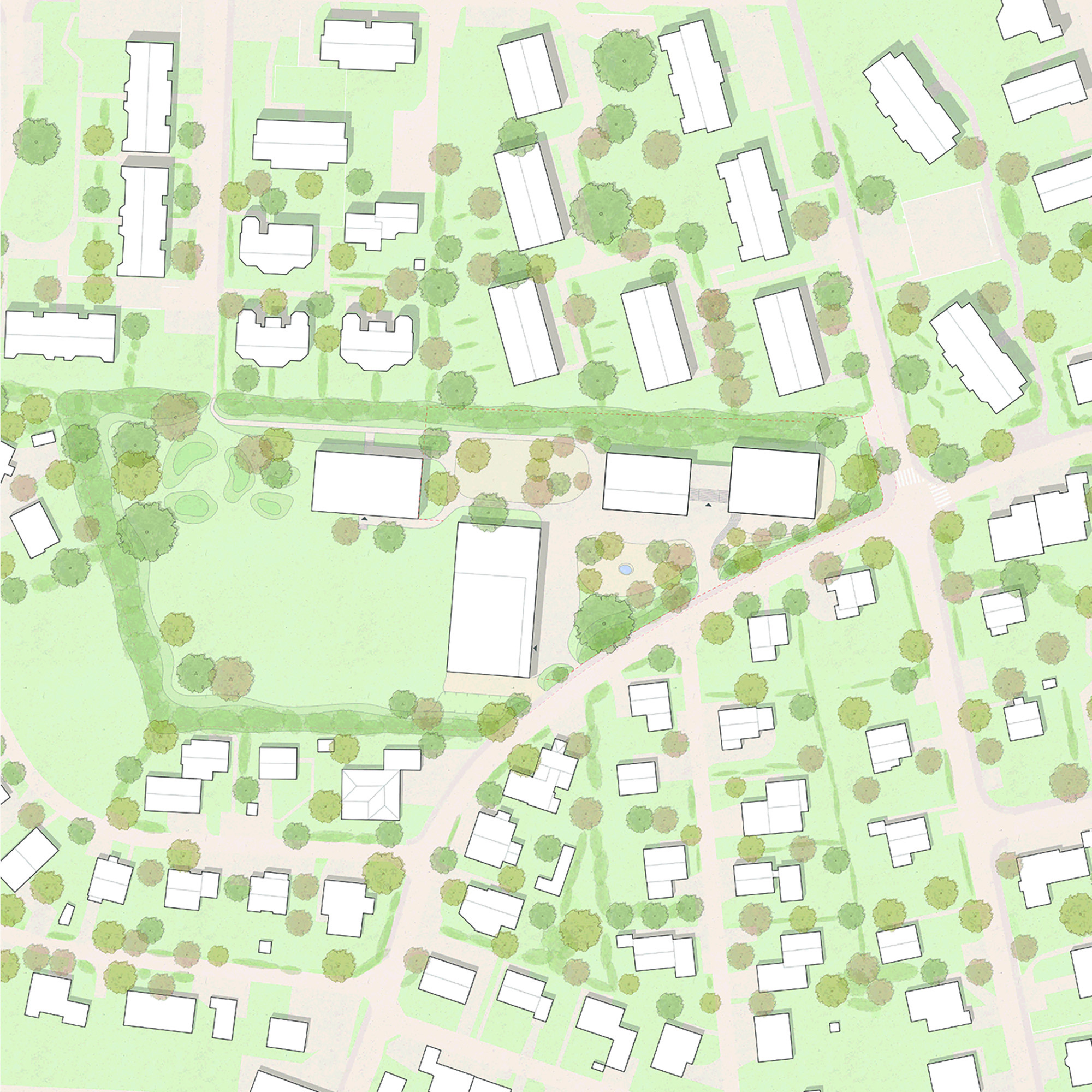 studiobirk, Wettbewerb, Zentralschweiz, Kriens, Kuonimatt, Erweiterung, Bestand, Neubau, Gebäudepaar, Stadtraum, Schulanlage, Freiraum, Situation