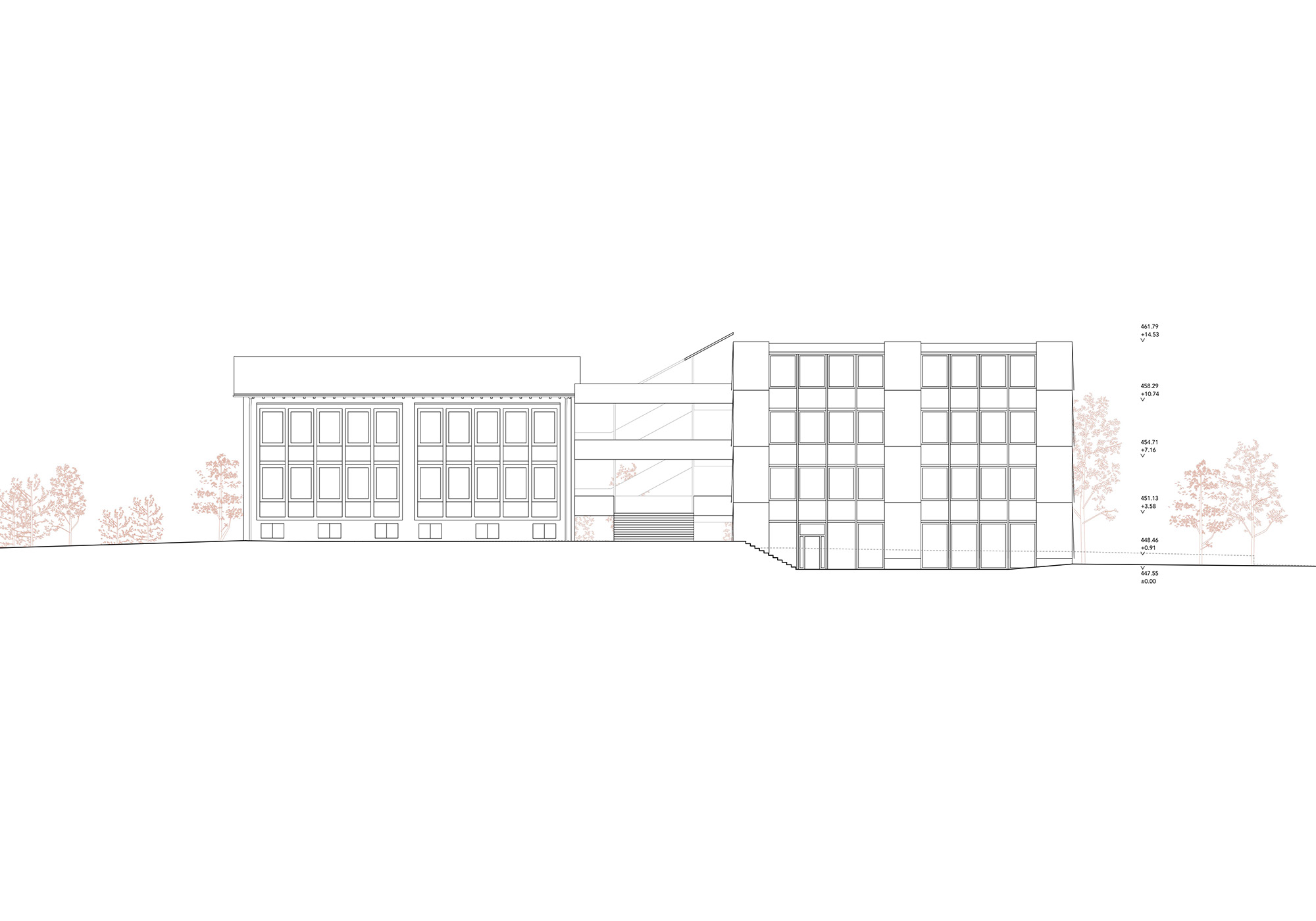 studiobirk, Wettbewerb, Zentralschweiz, Kriens, Kuonimatt, Erweiterung, Bestand, Neubau, Gebäudepaar, Stadtraum, Schulanlage, Freiraum, Ansicht, Fassade