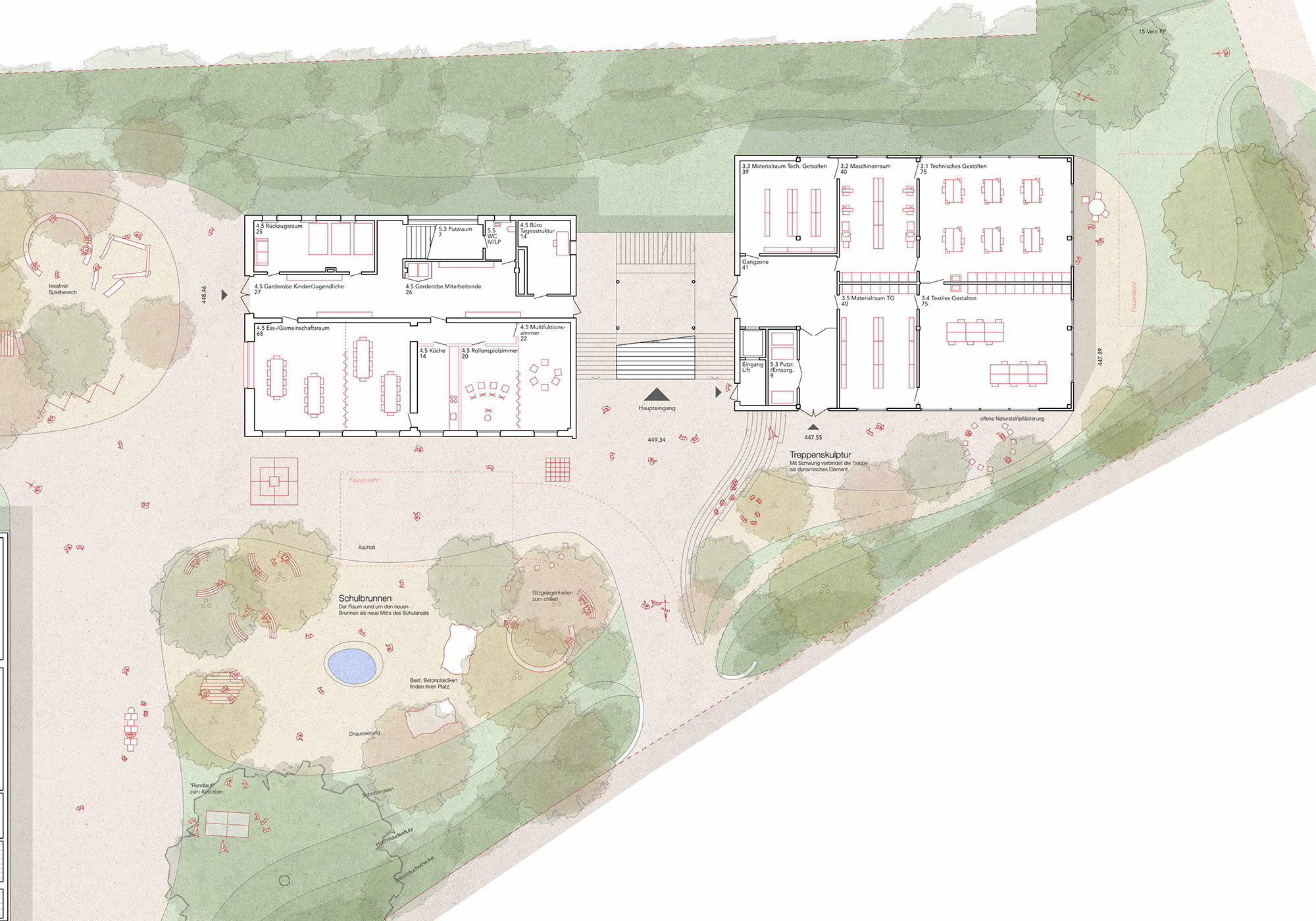 studiobirk, Wettbewerb, Zentralschweiz, Kriens, Kuonimatt, Erweiterung, Bestand, Neubau, Gebäudepaar, Stadtraum, Schulanlage, Freiraum, Tiefparterre, Umgebung