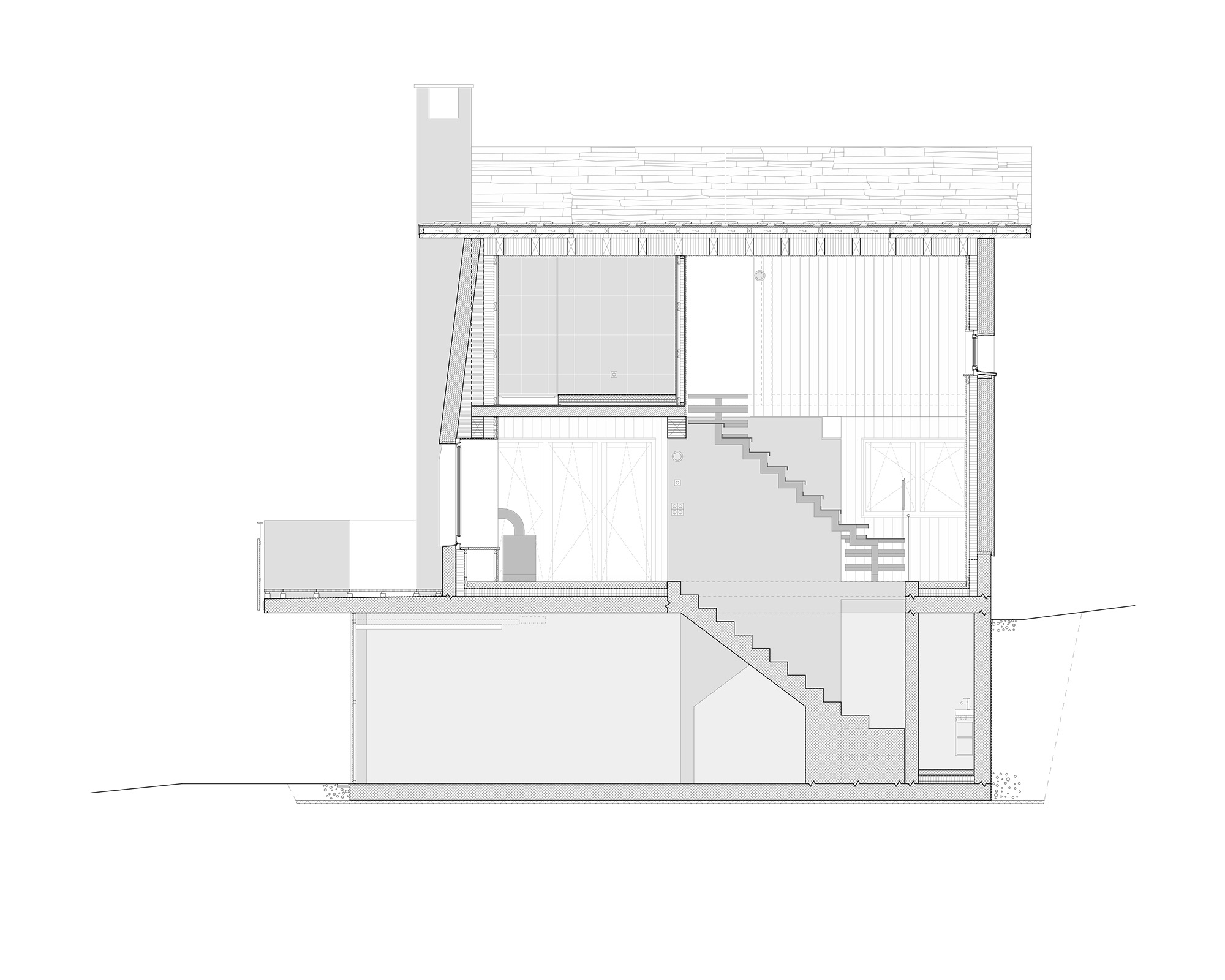 studiobirk, Furi, Zermatt, Holzbau, Vollholzbauweise, Laengsschnitt